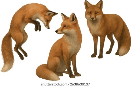Vector freehand set watercolor illustration of a Foxes isolated on a white background. Hand drawn Foxy watercolour clipart for design, foxiness logo, postcards, posters and digital projects