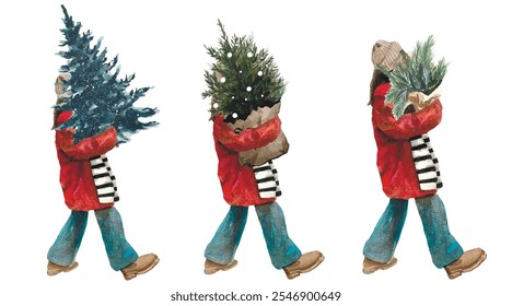 Vector freehand set of watercolor illustrations of a girl holding a Christmas tree. Hand drawn collection of Christmases watercolour of a woman holding fir branches. Isolated on white background 