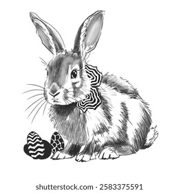 Vector freehand sketch of an Easter bunny isolated on a white background. Texture of writing materials. Handwritten bunnity doodles and pencil strokes. Hand drawn Rabbit line art. For design