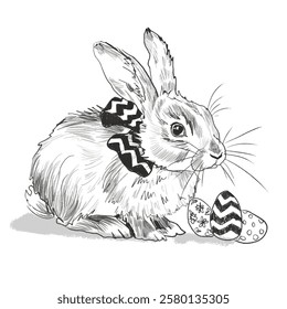 Vector freehand sketch of an Easter eggs and bunny isolated on a white background. Texture of writing materials. Handwritten bunnity doodles and pencil strokes. Hand drawn Rabbit line art. For design