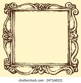 Vector freehand sketchy ink outline drawn backdrop in style of kid book engraving. Ancient beautiful gilt wooden baguette for image with place for text