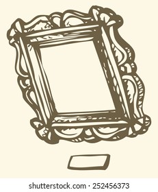 Vector freehand sketchy ink outline drawn backdrop in style of kid book engraving. Ancient beautiful gilt wooden baguette with picture and plaque with title and name of the author works of art