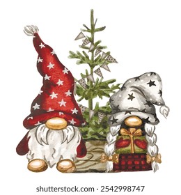 Vector freehand stylized watercolor illustration of cute scandinavian Christmas gnomes isolated on white background. Hygge watercolor hand drawn.