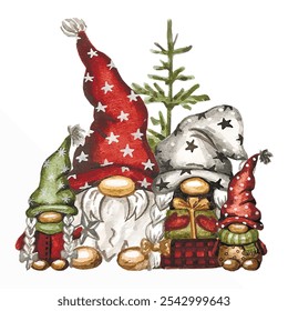 Vector freehand stylized watercolor illustration of cute scandinavian Christmas family gnomes isolated on white background. Hygge watercolor hand drawn.