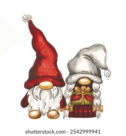 Vector freehand stylized watercolor illustration of cute scandinavian Christmas gnomes isolated on white background. Hygge watercolor hand drawn.