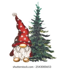 Vector freehand stylized watercolor illustration of cute scandinavian Christmas family gnomes isolated on white background. Hygge watercolor hand drawn.