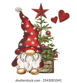 Vector freehand stylized watercolor illustration of cute scandinavian Christmas gnomes isolated on white background. Hygge watercolor hand drawn.