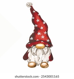 Vector freehand stylized watercolor illustration of cute scandinavian Christmas gnomes isolated on white background. Hygge watercolor hand drawn.