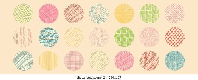 Vector freehand textures set with different hand drawn circle patterns. Vector scribble, horizontal and wave strokes collection.