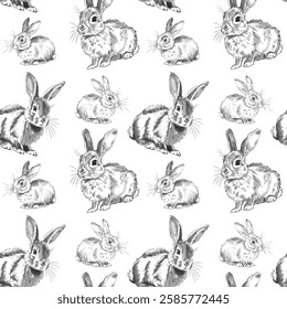 Vector freehand vintage abstract pattern depicting cute bunnies in line art style isolated on a white background. Ornament for Easter without seam. Wallpaper, wrap, fabric. Hand drawn bunny, rabbit