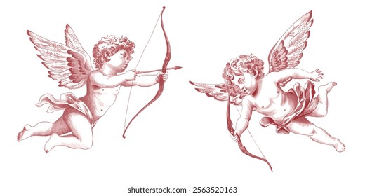 Vector freehand vintage collection Cupid scribble isolated on white background. Texture of writing materials. Handwritten valentines doodles and pencil strokes. Hand drawn Cupidon line art