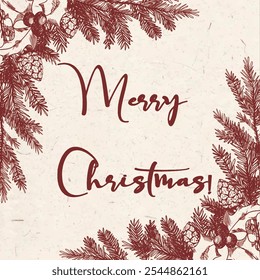 Vector freehand vintage Merry Christmas card. Hand drawn red Christmases scandinavian ornament on retro background. The texture of writing materials. Xmas pencil strokes.