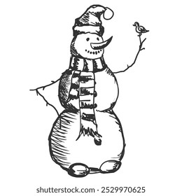 Vetor Freehand vintage Snowman rabisco isolado no fundo branco. Textura de materiais de escrita. Rabiscos de renas de natal manuscritos e traços de lápis. 