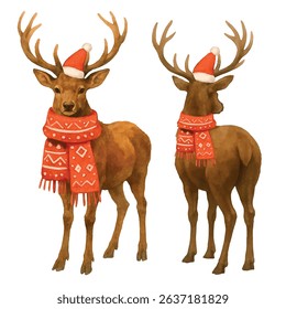 Vector freehand watercolor brown christmas deer illustration isolated on white background. Hand drawn watercolour reindeer.	
