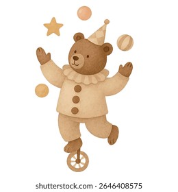 Vector freehand watercolor children's illustration of a circus bear juggling on a unicycle in beige tones. Hand drawn watercolour bear. Design of fabrics, wrapping paper, and postcards