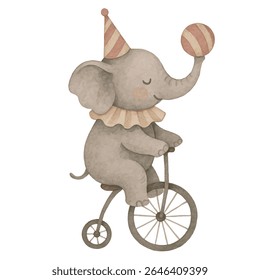 Vector freehand watercolor children's illustration of a circus elephant on a bicycle in beige tones. Hand drawn watercolour bear. Design of fabrics, wrapping paper, and postcards
