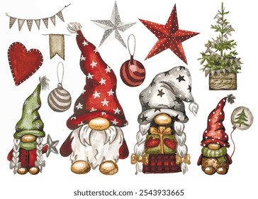 Vektor Freehand Aquarell Clipart Weihnachten Gnomen Familie einzeln auf weißem Hintergrund. Handgezeichnete Aquarell skandinavischen Ornament. Gestaltungselemente für Papier, Muster, Logos, Banner