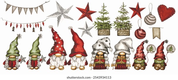 Vector a mano alzada acuarela Clipart Navidad Gnomo familia aislada sobre un fondo blanco. Acuarela dibujada a mano gran conjunto adorno escandinavo. Elementos de diseño para papel, patrones, logotipos, Anuncios