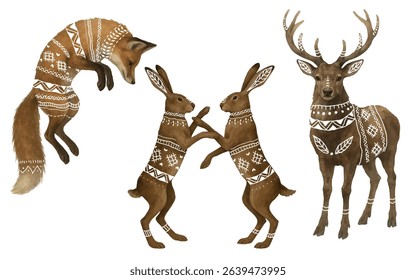 Vector freehand watercolor clipart folk woodland animals, deer, hares, fox. Hand drawn forest animal. Scandinavian ornament for design.