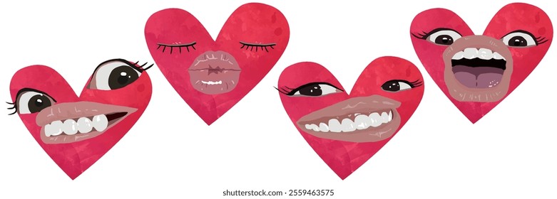 Vector freehand watercolor collection of cute red hearts with expressive faces on a white isolated background. Hand drawn illustrations for Valentine's Day. Banner, cards