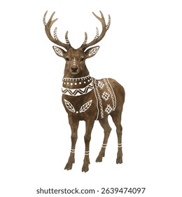 Vector freehand watercolor deer illustration isolated on white background. Hand drawn folk watercolour reindeer. Scandinavian ornament	

