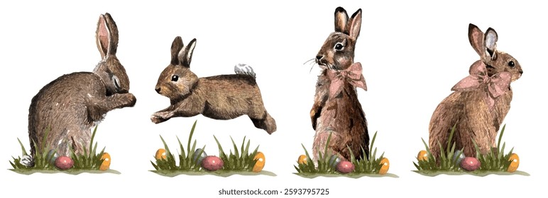 Coelhinho de páscoa de aquarela à mão livre de vetor isolado no fundo branco. Coleção desenhada à mão coelhos marrons aquarela, ovo, coelhinhos de primavera fofo animal de estimação fofo, animal de fazenda. Para design