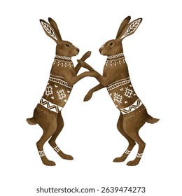 Vector freehand watercolor fighting hares illustration isolated on white background. Hand drawn folk watercolour bunny. Scandinavian ornament	
