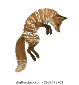 Vector freehand watercolor fox illustration isolated on white background. Hand drawn folk watercolour foxy. Scandinavian ornament	
