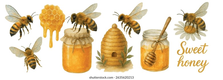 Vector freehand watercolor honey clipart with bees, a beehive, honeycombs, jars of honey. Hand drawn beekeeper. For brand design, packaging, postcards, logo