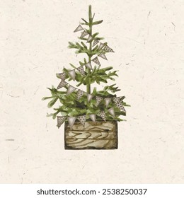 Vector freehand watercolor illustration of a Christmas tree with an empty space for text. Hand drawn watercolour Scandinavian tree. Card, background