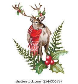 Vector freehand watercolor illustration of Christmas Deer with sleigh isolated on white background. Hand drawn watercolour Reindeer painting. Design cards