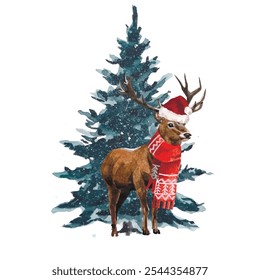 Ilustração em aquarela à mão livre de Vetor de Cervo e árvore de natal isolados no fundo branco. Mão desenhado aquarela Reindeer pintura. Cartões de design