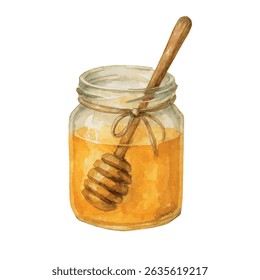 Vector freehand Watercolor illustration of a jar of honey with a spoon. Hand drawn watercolour Honeyed. Honeybee for postcard design, packaging, logo
