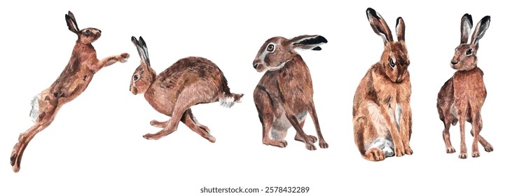 Vector freehand watercolor set illustrations of a cute brown bunny, isolated on a white background. Hand drawn collection watercolour Hare. Soft, detailed, and perfect for designs or prints