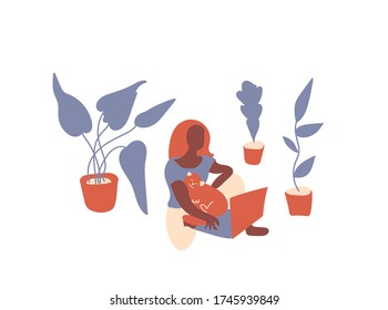 Vector freelance girl at computer and cat with urban plants stay home.An illustration of person studying lessons in a house in blue and red shades flat.Design for banner,web,social networks,packaging.