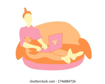 Vector freelance girl at computer and cat stay home.An illustration of person studying lessons in a house in pink and orange shades flat. Design for banner,web,social networks,packaging.