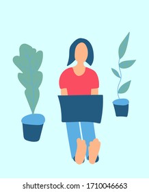 Vector freelance girl at computer stay home.An illustration of a person remote work and training in a house in blue,red,green shades flat. Design for banner,web,social networks,packaging.