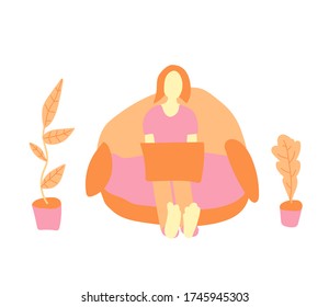 Vector freelance girl at computer stay home.An illustration of person studying lessons in a house in pink and rose shades flat. Design for banner,web,social networks,packaging.