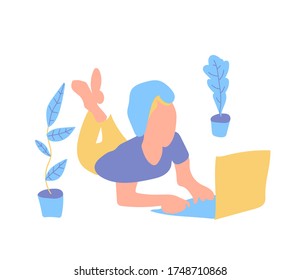 Vector freelance girl at computer stay home.An illustration of schoolgirl is engaged in study in a house in blue and yellow shades flat. Design for banner,web,social networks,packaging.