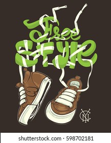 Vector Freestyle illustration with sneakers, t-shirt print.