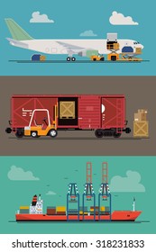 Vector freight logistics and transportation ways featuring seaway cargo shipping, airway freight line, freight railway