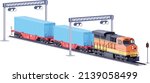 Vector freight train and container railcars. Locomotive and container railroad cars. Railway transportation. International trade and logistics illustration