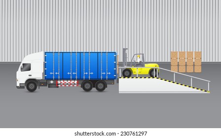 Vector of freight transport and distribution industry consist of operator, driver or worker to loading crate box to storage cargo container on truck by forklift for logistic, shipping and delivery.