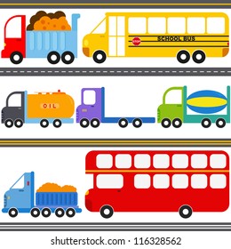 Vector Of  Freight Transportation Theme - Truck, School Bus, Oil Tank, UK Tourist Bus. A Set Of Cute And Colorful Icon Collection Isolated On White Background