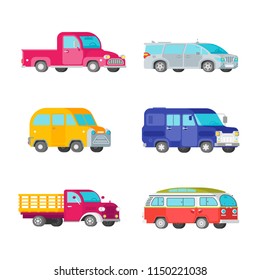 Vector freight trucks and minivans set in half isometric flat style