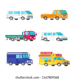 Vector freight trucks and minivans set in half isometric flat style