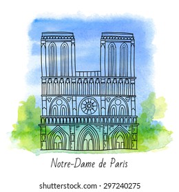 Vector french architecture landmark illustration.  Notre Dame de Paris cathedral.