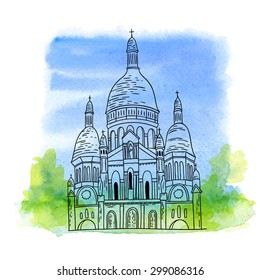 Vector french architecture landmark illustration. Paris basilica.