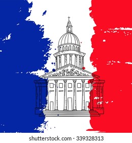 Vector french architecture landmark illustration. Pantheon in Paris on the painted France flag background.
