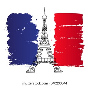 Vector french architecture landmark illustration. Eiffel tower in Paris on the painted France flag background.